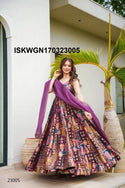 Digital Printed Silk Gown With Organza Silk Dupatta-ISKWGN170323005
