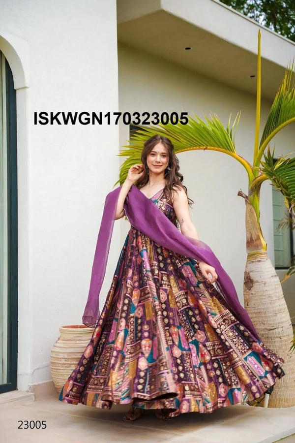 Digital Printed Silk Gown With Organza Silk Dupatta-ISKWGN170323005