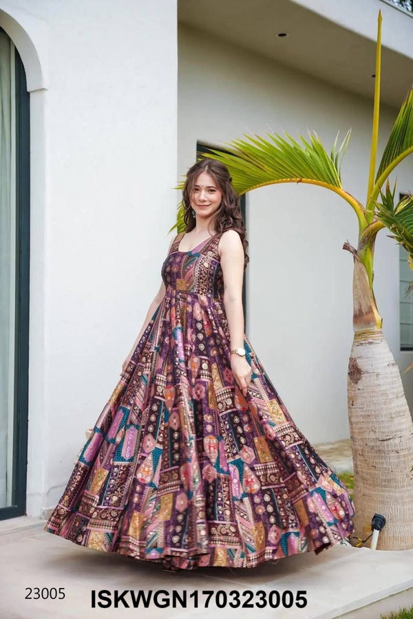 Digital Printed Silk Gown With Organza Silk Dupatta-ISKWGN170323005