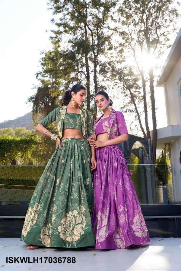 Floral Printed Tussar Silk Lehenga With Blouse And Koti-ISKWLH17036788