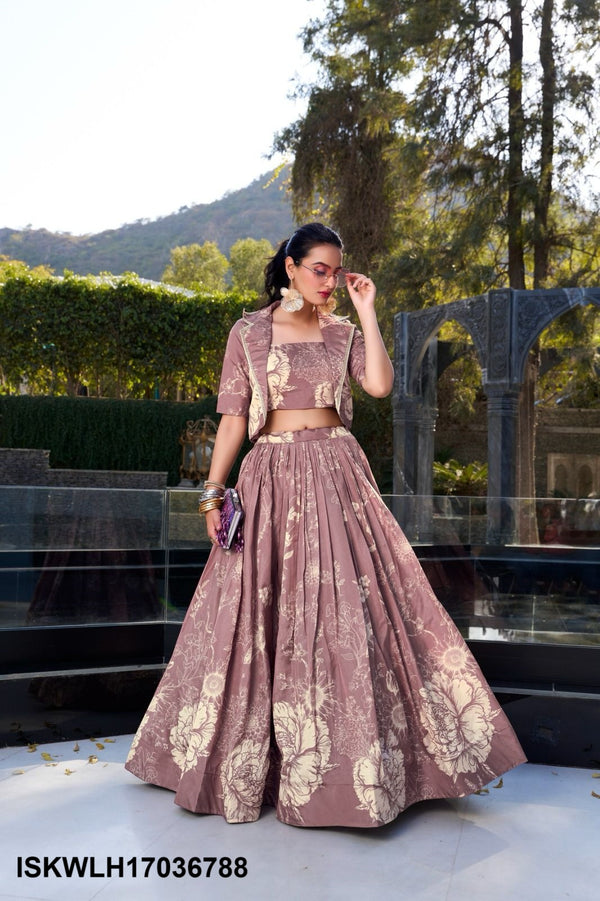 Floral Printed Tussar Silk Lehenga With Blouse And Koti-ISKWLH17036788