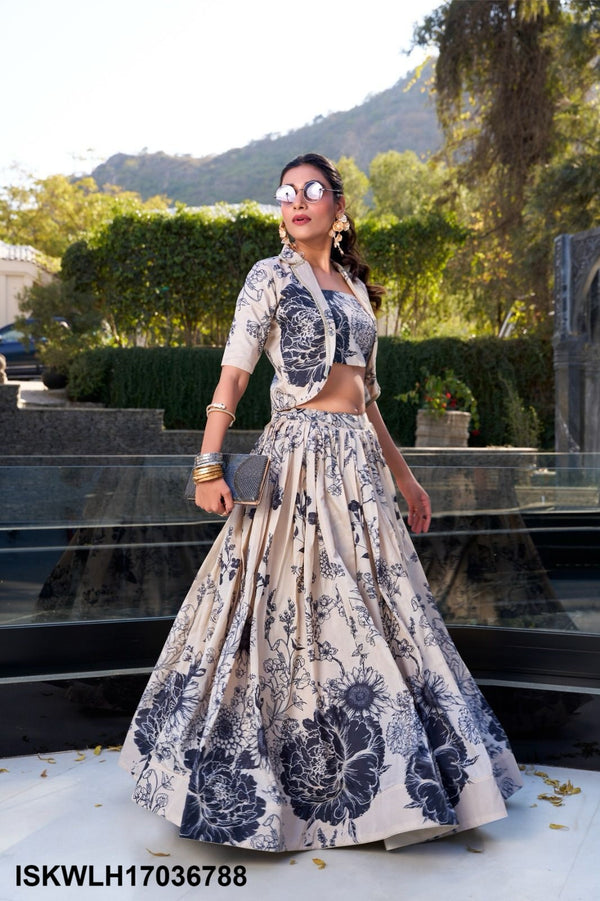 Floral Printed Tussar Silk Lehenga With Blouse And Koti-ISKWLH17036788
