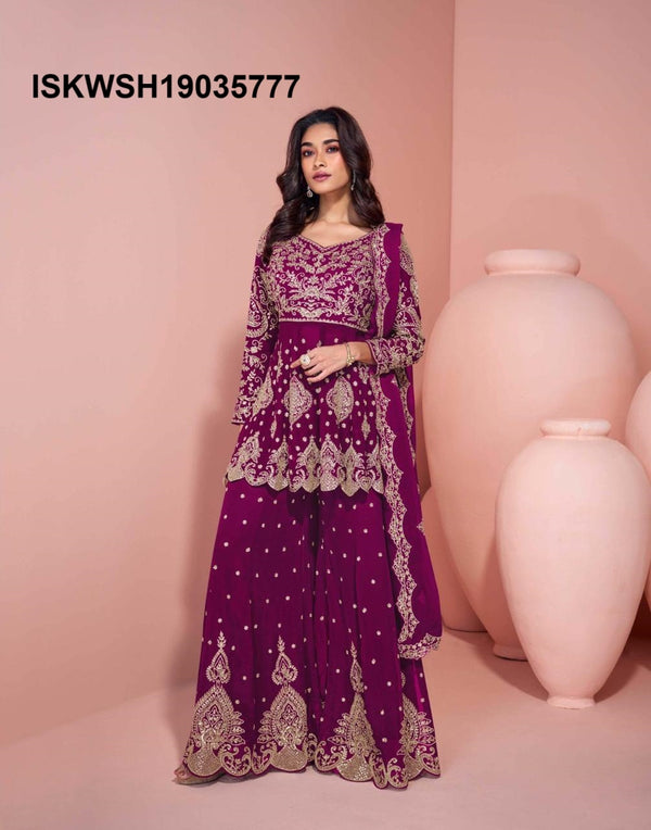Embroidered Georgette Peplum Kurti With Sharara And Dupatta-ISKWSH19035777
