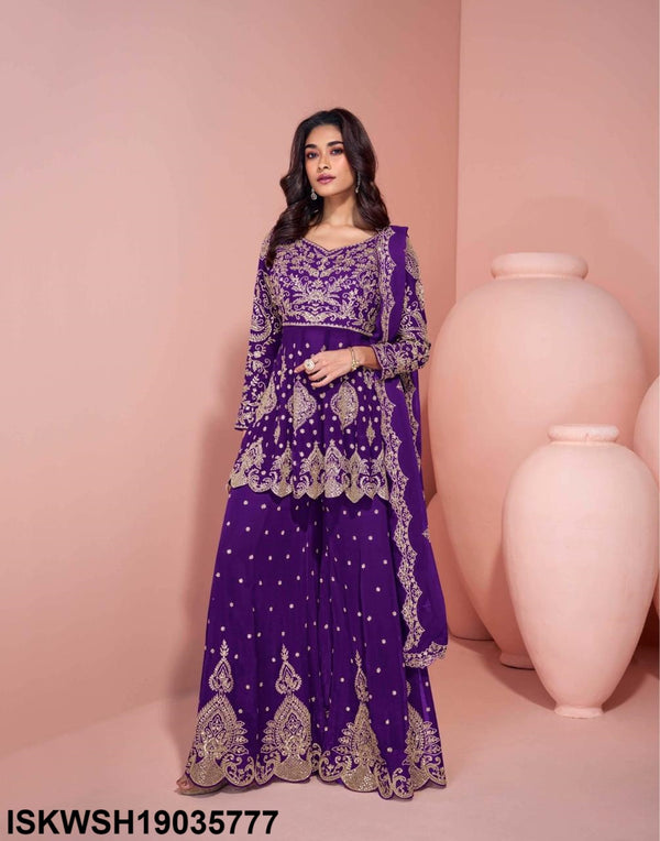 Embroidered Georgette Peplum Kurti With Sharara And Dupatta-ISKWSH19035777