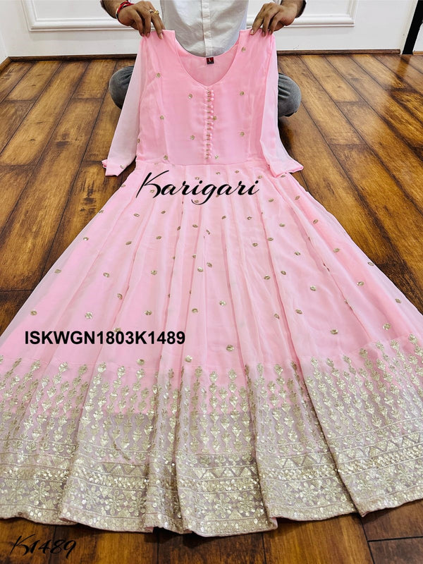 Embroidered Georgette Gown With Banarasi Silk Dupatta-ISKWGN1803K1489