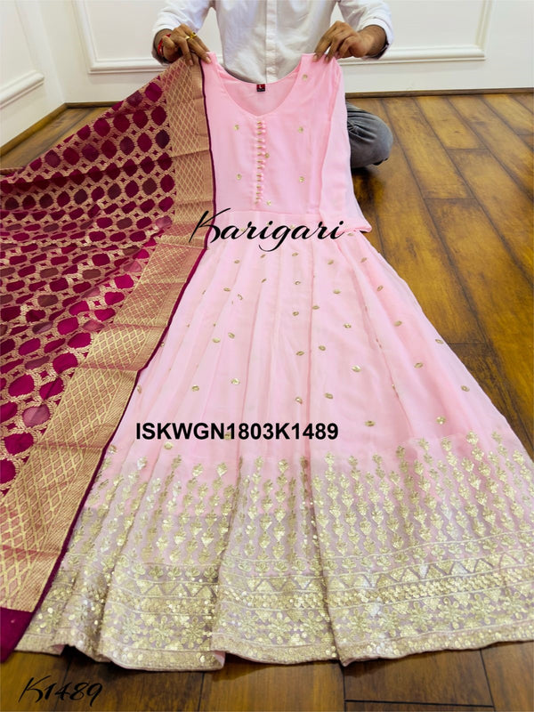 Embroidered Georgette Gown With Banarasi Silk Dupatta-ISKWGN1803K1489