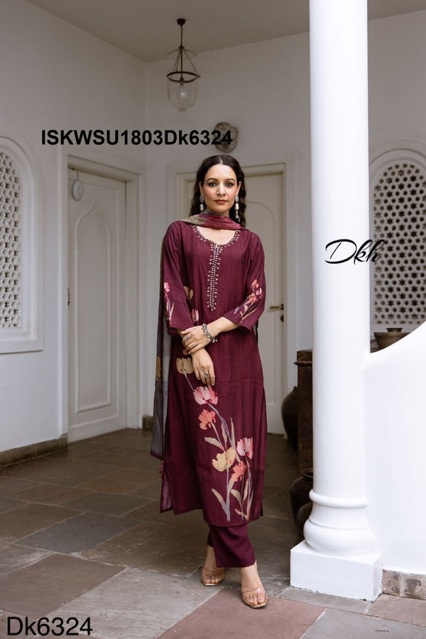 Printed Modal Maslin Kurti With Pant And Dupatta-ISKWSU1803Dk6324