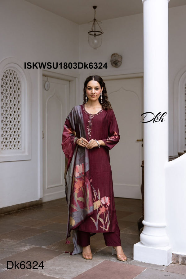 Printed Modal Maslin Kurti With Pant And Dupatta-ISKWSU1803Dk6324