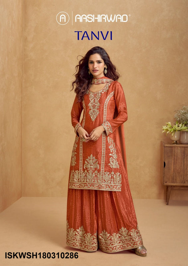 Printed Chinon Silk Kurti With Sharara And Embroidered Dupatta-ISKWSH180310284/85/86/87