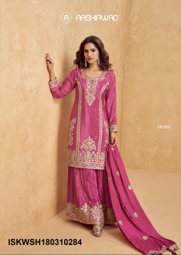 Printed Chinon Silk Kurti With Sharara And Embroidered Dupatta-ISKWSH180310284/85/86/87