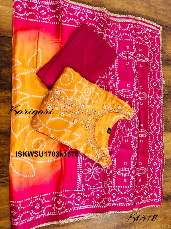 Bandhani Printed Gaji Silk Kurti With Pant And Dupatta-ISKWSU1703k1578