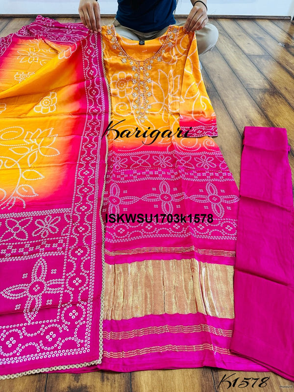 Bandhani Printed Gaji Silk Kurti With Pant And Dupatta-ISKWSU1703k1578