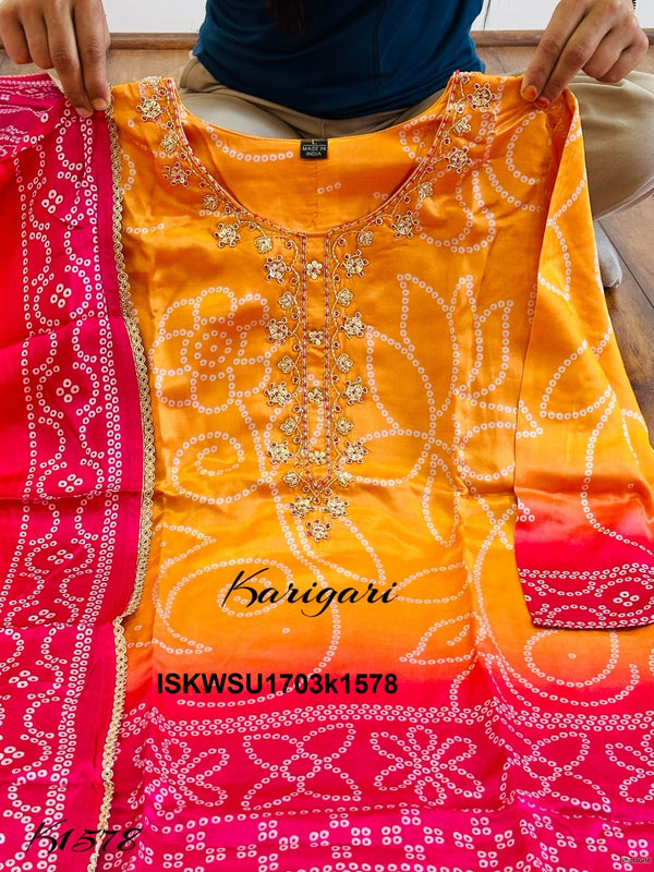 Bandhani Printed Gaji Silk Kurti With Pant And Dupatta-ISKWSU1703k1578