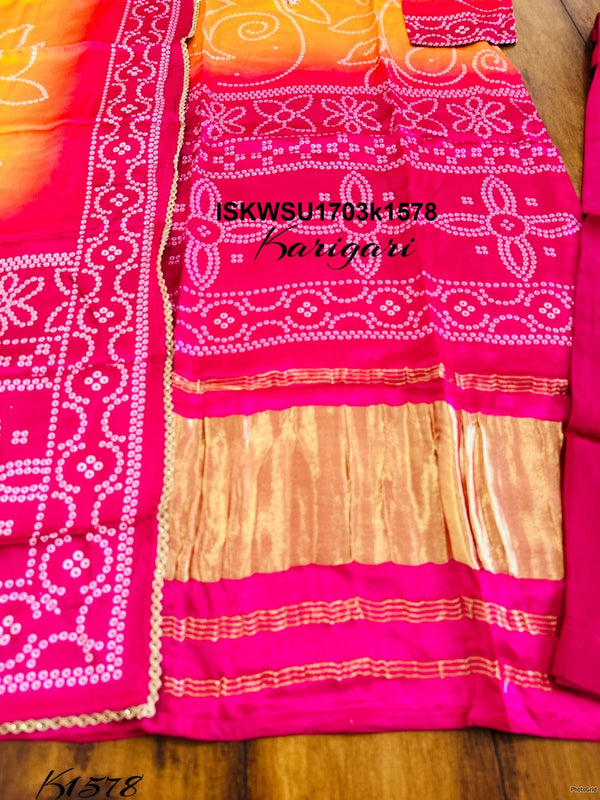 Bandhani Printed Gaji Silk Kurti With Pant And Dupatta-ISKWSU1703k1578