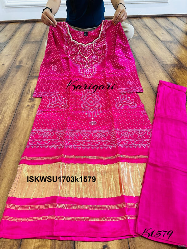 Bandhani Printed Gaji Silk Kurti With Pant And Dupatta-ISKWSU1703k1579