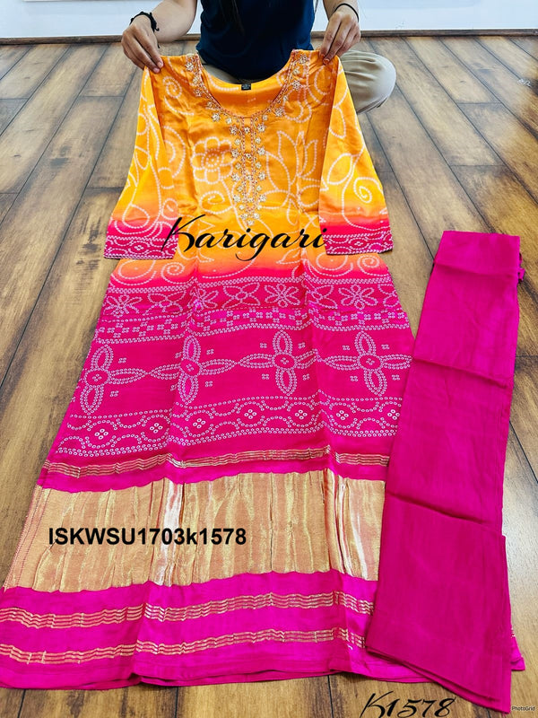 Bandhani Printed Gaji Silk Kurti With Pant And Dupatta-ISKWSU1703k1578