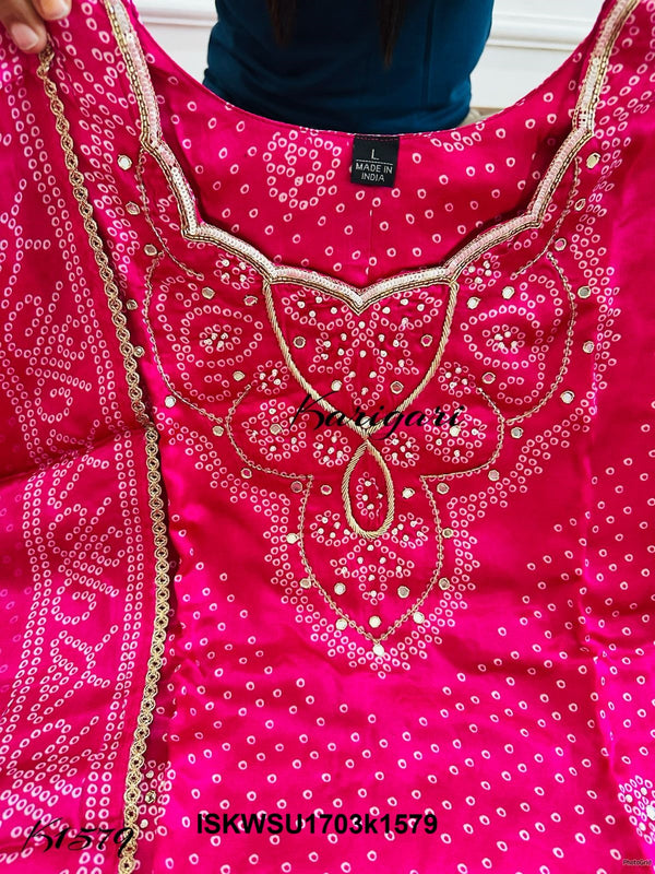 Bandhani Printed Gaji Silk Kurti With Pant And Dupatta-ISKWSU1703k1579