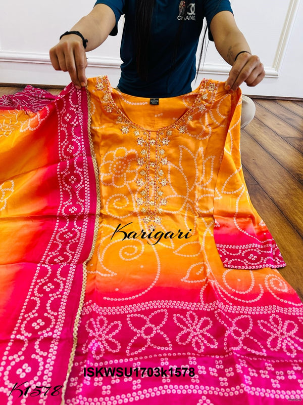 Bandhani Printed Gaji Silk Kurti With Pant And Dupatta-ISKWSU1703k1578