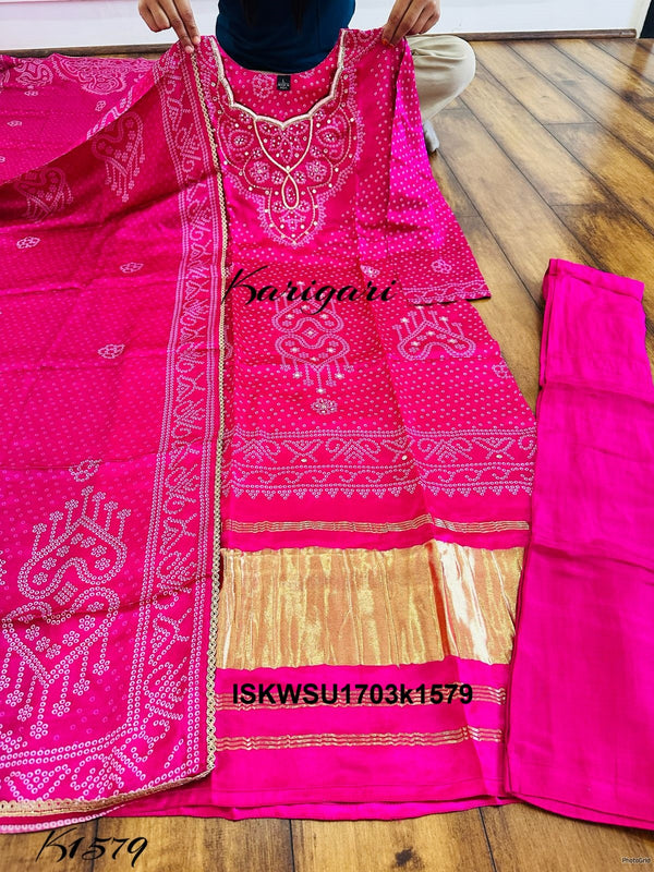 Bandhani Printed Gaji Silk Kurti With Pant And Dupatta-ISKWSU1703k1579