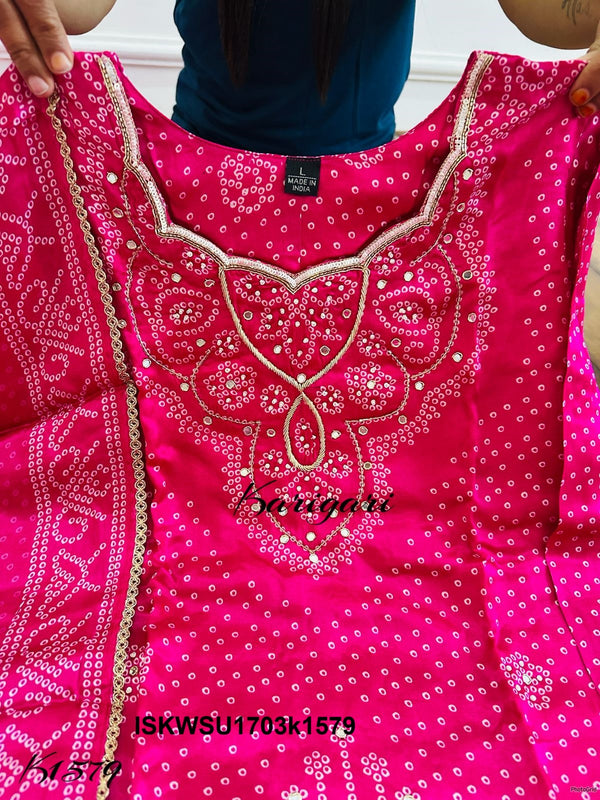 Bandhani Printed Gaji Silk Kurti With Pant And Dupatta-ISKWSU1703k1579