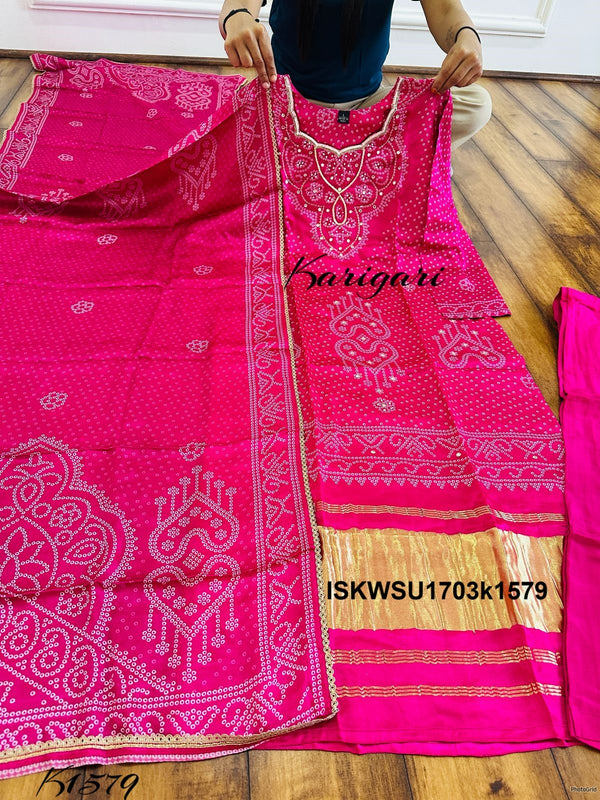 Bandhani Printed Gaji Silk Kurti With Pant And Dupatta-ISKWSU1703k1579