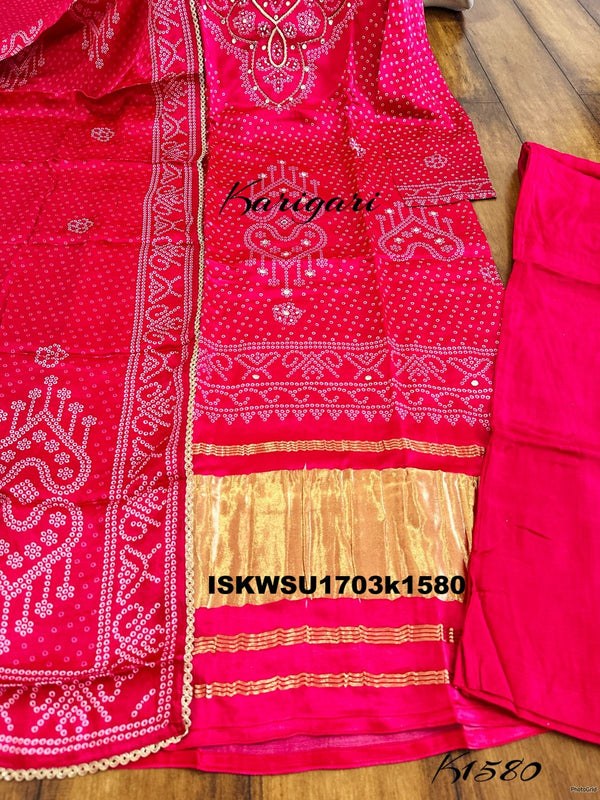 Bandhani Printed Gaji Silk Kurti With Pant And Dupatta-ISKWSU1703k1580