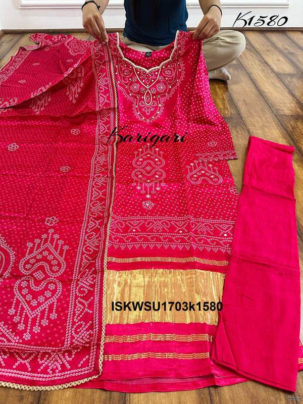 Bandhani Printed Gaji Silk Kurti With Pant And Dupatta-ISKWSU1703k1580