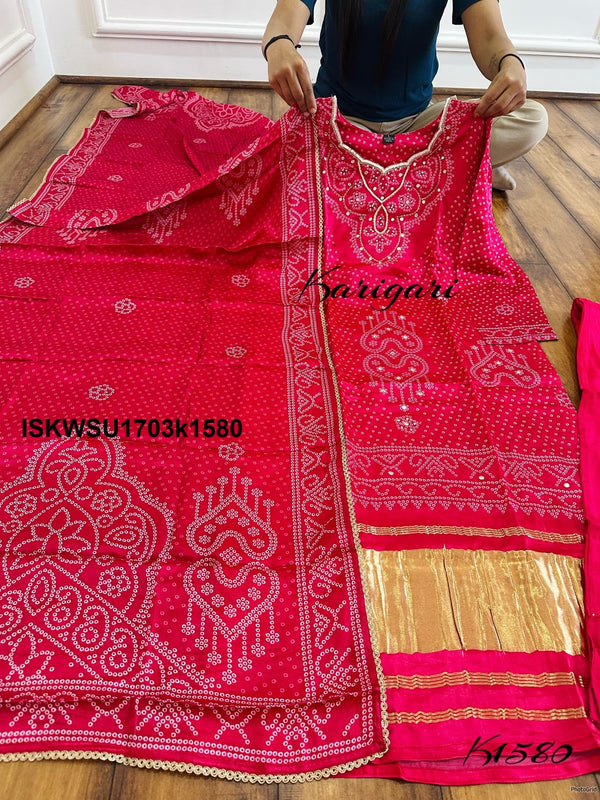 Bandhani Printed Gaji Silk Kurti With Pant And Dupatta-ISKWSU1703k1580
