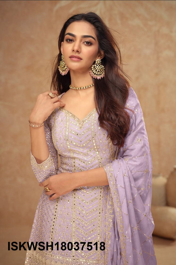 Embroidered Chinon Kurti With Sharara And Dupatta-ISKWSH18037518
