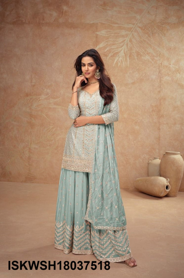 Embroidered Chinon Kurti With Sharara And Dupatta-ISKWSH18037518