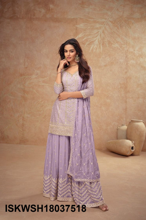 Embroidered Chinon Kurti With Sharara And Dupatta-ISKWSH18037518