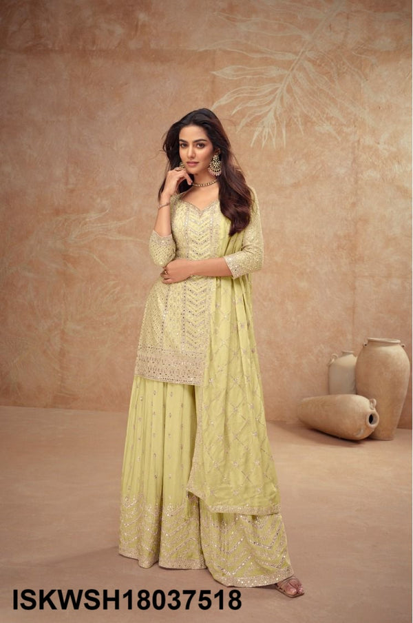 Embroidered Chinon Kurti With Sharara And Dupatta-ISKWSH18037518