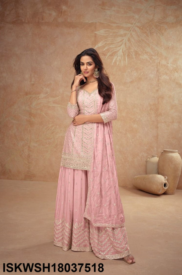 Embroidered Chinon Kurti With Sharara And Dupatta-ISKWSH18037518