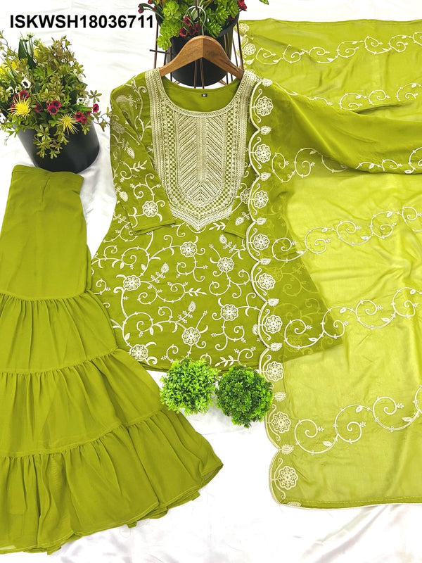 Embroidered Georgette Kurti With Sharara And Dupatta-ISKWSH18036711