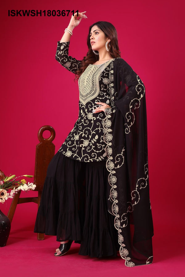 Embroidered Georgette Kurti With Sharara And Dupatta-ISKWSH18036711