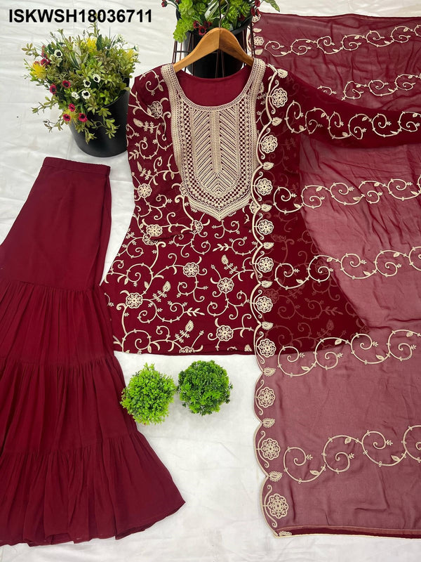 Embroidered Georgette Kurti With Sharara And Dupatta-ISKWSH18036711