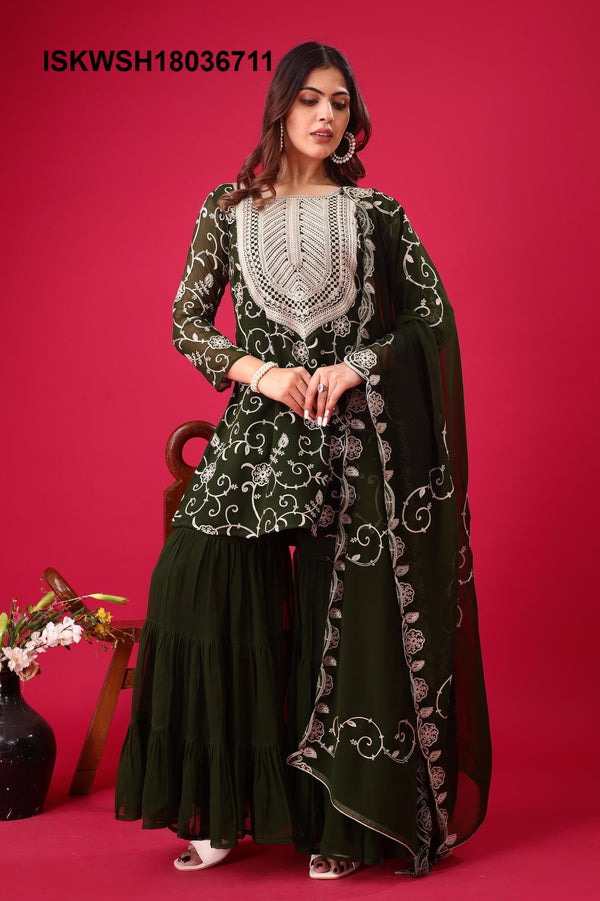 Embroidered Georgette Kurti With Sharara And Dupatta-ISKWSH18036711