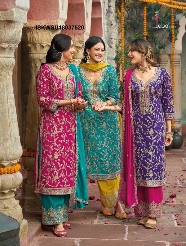 Embroidered Chinon Kurti With Pant And Dupatta-ISKWSU18037520