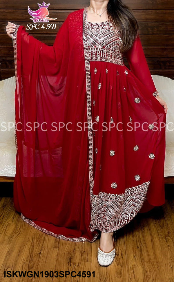 Embroidered Georgette Gown With Dupatta-ISKWGN1903SPC4591