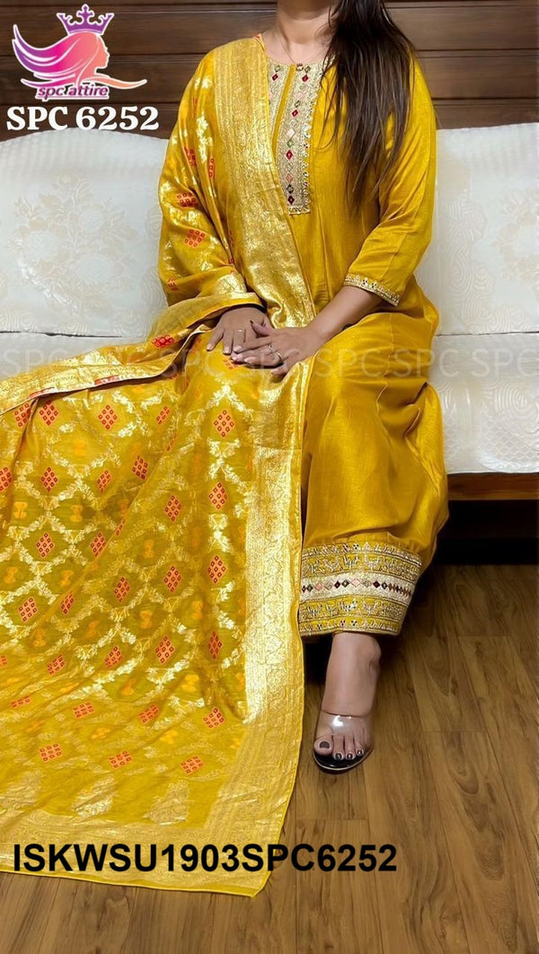 Sequined Cotton Silk Anarkali Kurti With Pant And Banarasi Weaving Dupatta-ISKWSU1903SPC6252