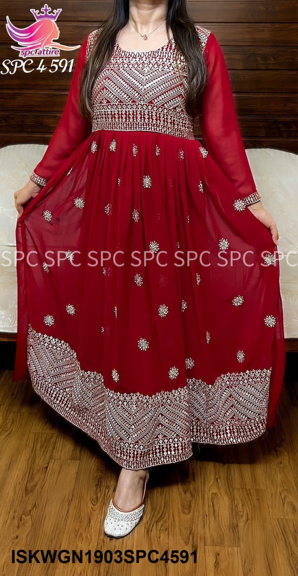 Embroidered Georgette Gown With Dupatta-ISKWGN1903SPC4591