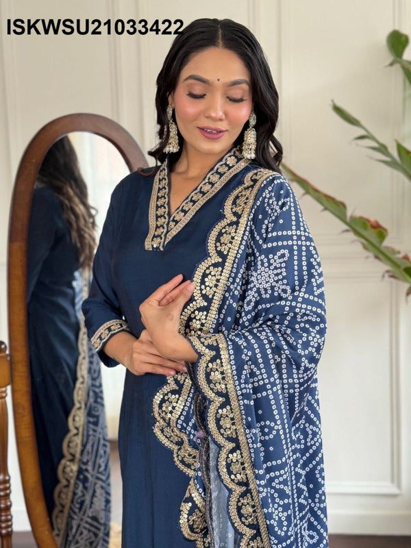 Embriodered Viscose Silk Kurti With Pant And Chinon Dupatta-ISKWSU21033422