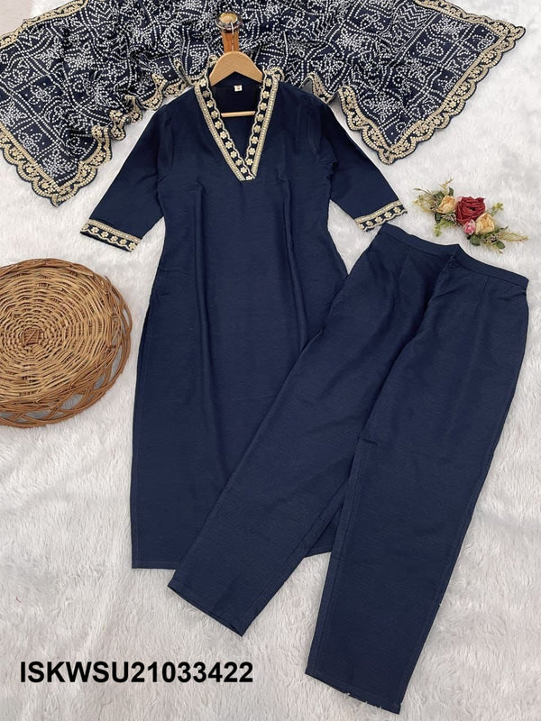 Embriodered Viscose Silk Kurti With Pant And Chinon Dupatta-ISKWSU21033422
