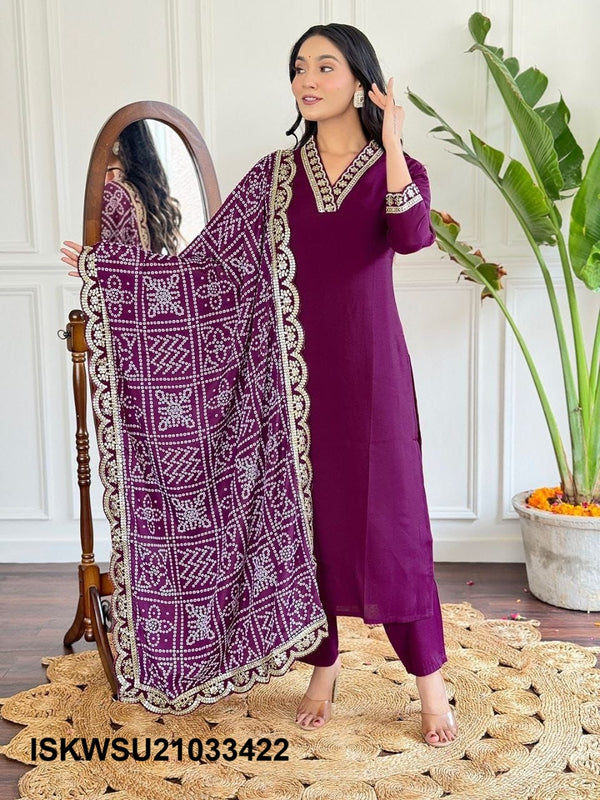 Embriodered Viscose Silk Kurti With Pant And Chinon Dupatta-ISKWSU21033422