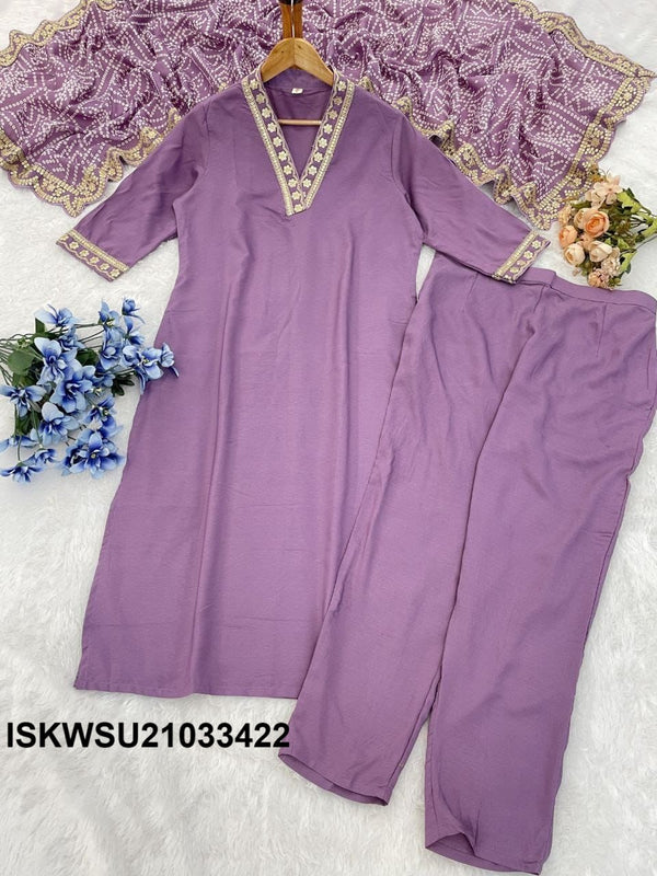 Embriodered Viscose Silk Kurti With Pant And Chinon Dupatta-ISKWSU21033422