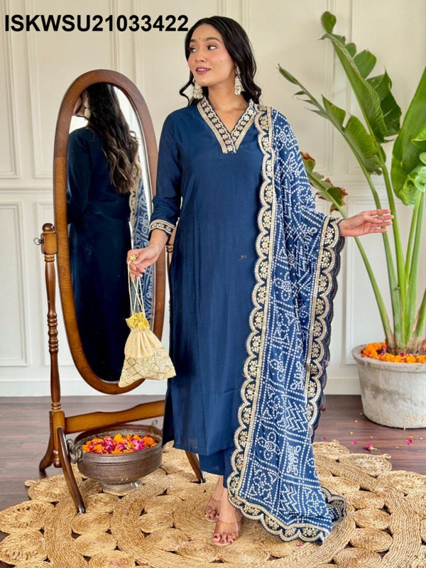 Embriodered Viscose Silk Kurti With Pant And Chinon Dupatta-ISKWSU21033422
