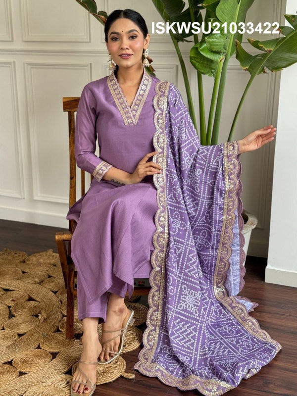 Embriodered Viscose Silk Kurti With Pant And Chinon Dupatta-ISKWSU21033422