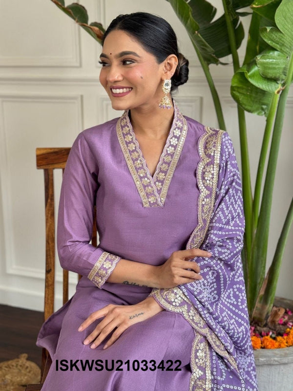 Embriodered Viscose Silk Kurti With Pant And Chinon Dupatta-ISKWSU21033422