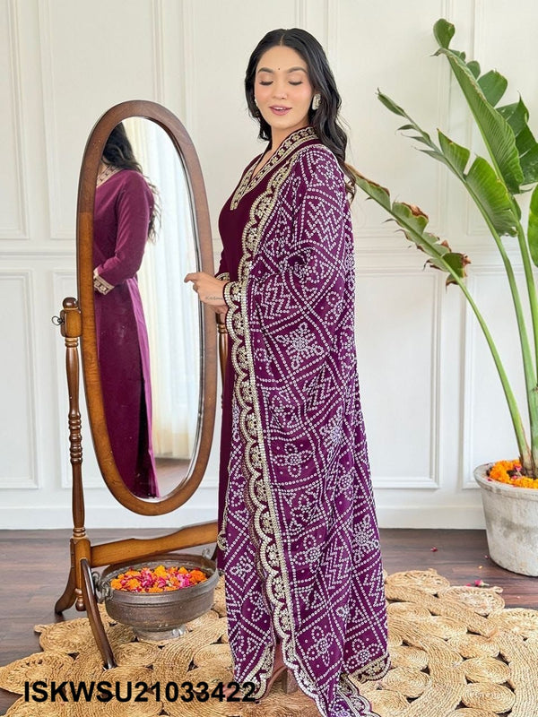 Embriodered Viscose Silk Kurti With Pant And Chinon Dupatta-ISKWSU21033422