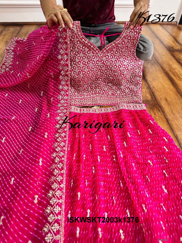 Embroidered Georgette Skirt And Crop Top And Dupatta-ISKWSKT2003k1376